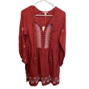 Knox Rose Red Long Sleeve Knee Length Embroidered Boho Style Dress Size Small